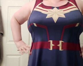 Caressing my curves in my new Captain Marvel dress!