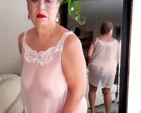 Mature bbw woman with hairy pussy wearing  sheer nightgown