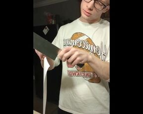 Stepbrother flexes his newly sharpened chef's knife