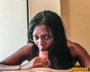 Surprise! Ebony whore has cum to swallow after sucking my cock