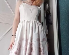 Gentle homemade masturbation in a white dress and a passionate stormy orgasm