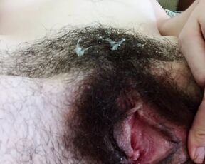 Big cum on belly, big cum shot, after sex, cum on hairy pussy